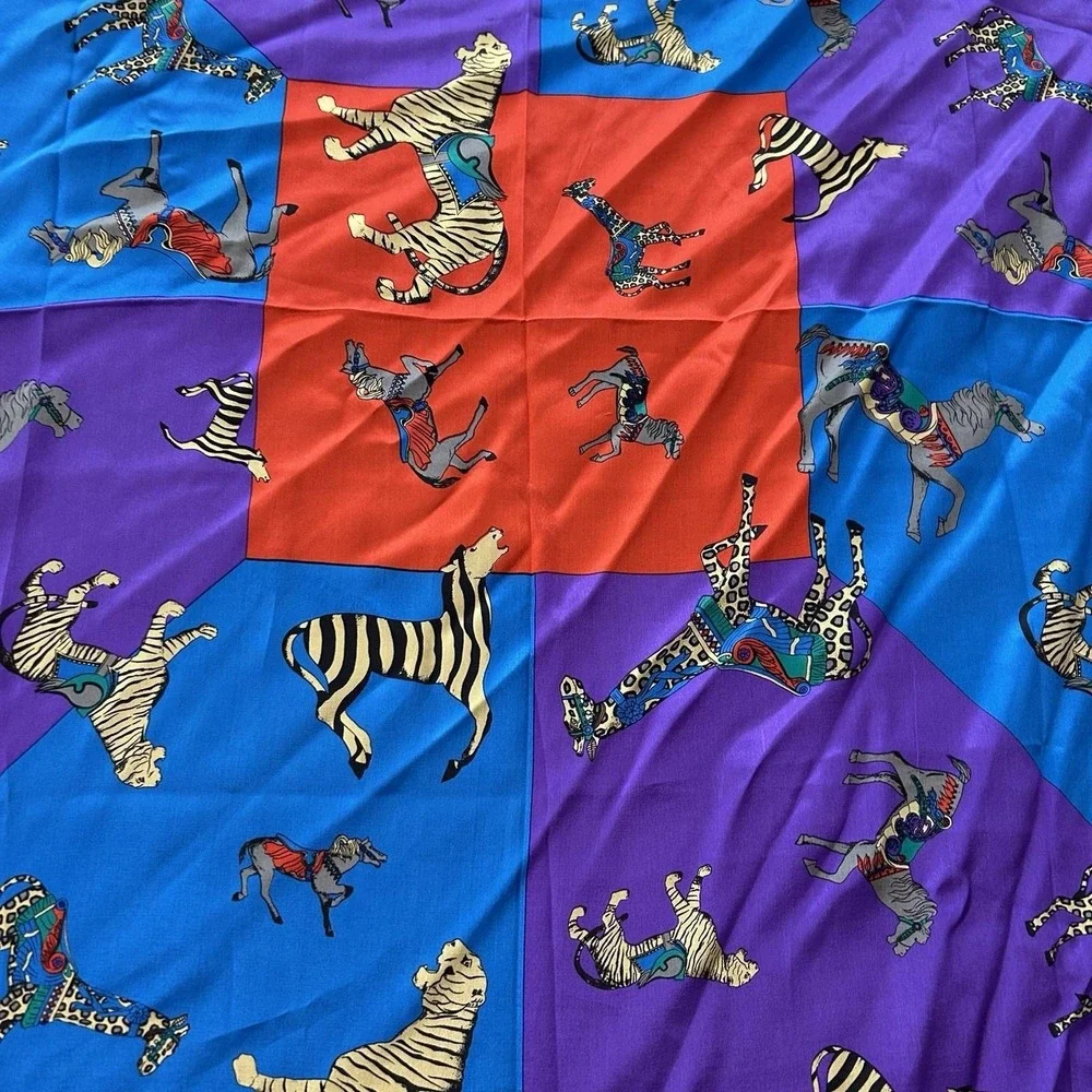 Vintage Elaine Gold Collection 100% Silk Circus Animal Print Scarf 34x34